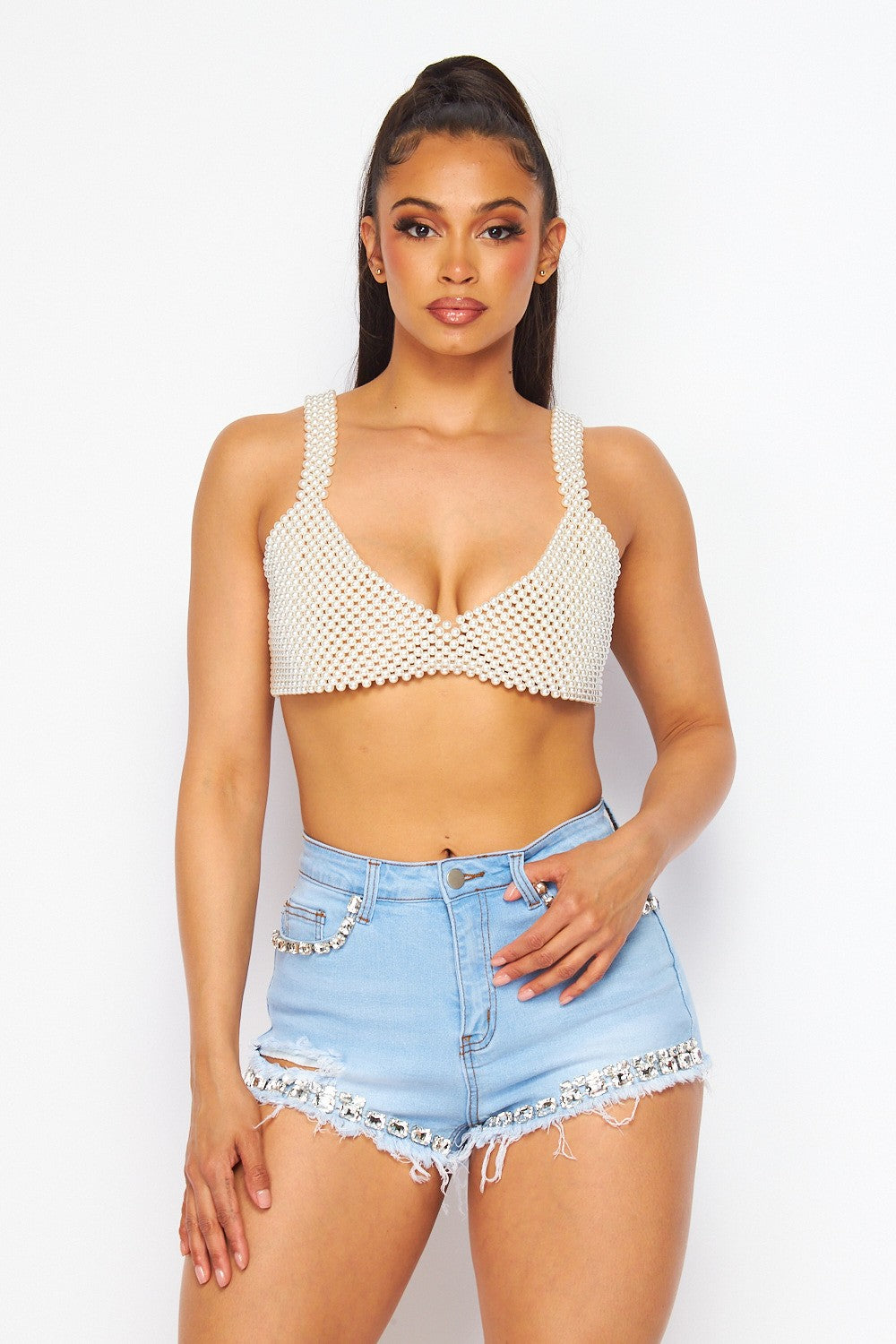 Watching You Pearl Embellished Cropped Cami Top