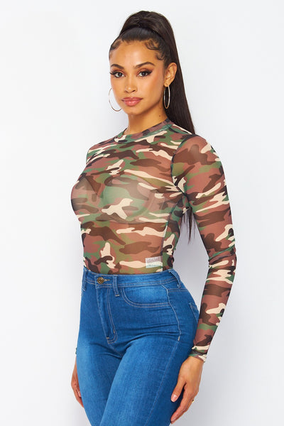 Attention Sheer Mesh Camo Army Print Bodysuit