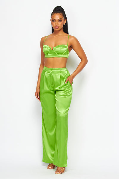 Bossy Satin Two Piece Flare Pant Set