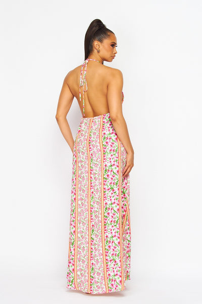 Summer Daze Floral Print Halter Flowy Maxi Dress
