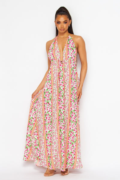 Summer Daze Floral Print Halter Flowy Maxi Dress