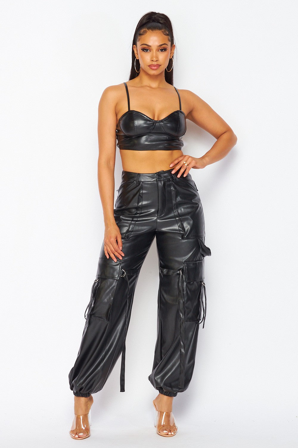 Lead You On Vegan Leather Cargo Jogger Pant Set