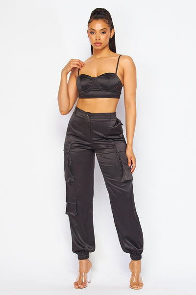Sinful Satin Two Piece Bustier and Jogger Pant Set