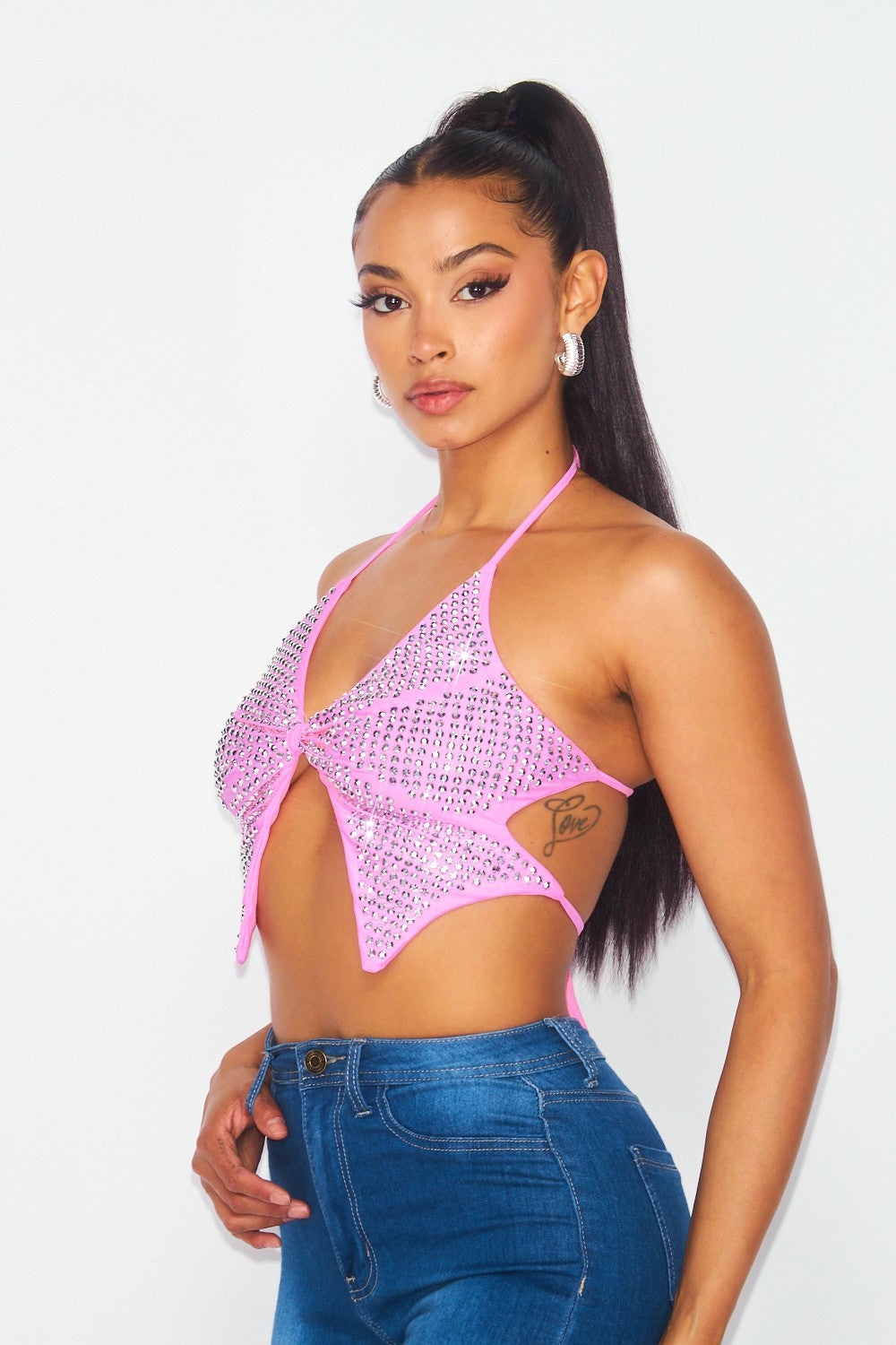 Dreamer Girl Butterfly Rhinestone Halter Crop Top
