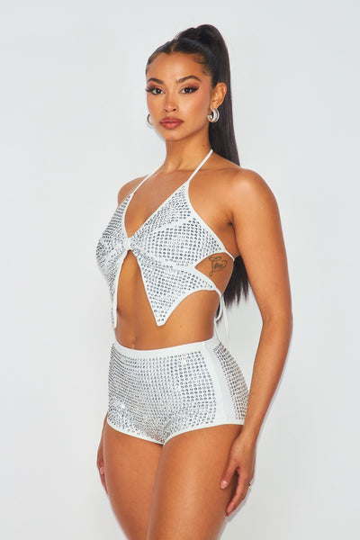 Butterfly Rhinestone Crop Top And Shorts Swim Set