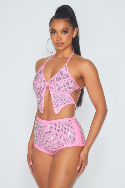 Butterfly Rhinestone Crop Top And Shorts Swim Set