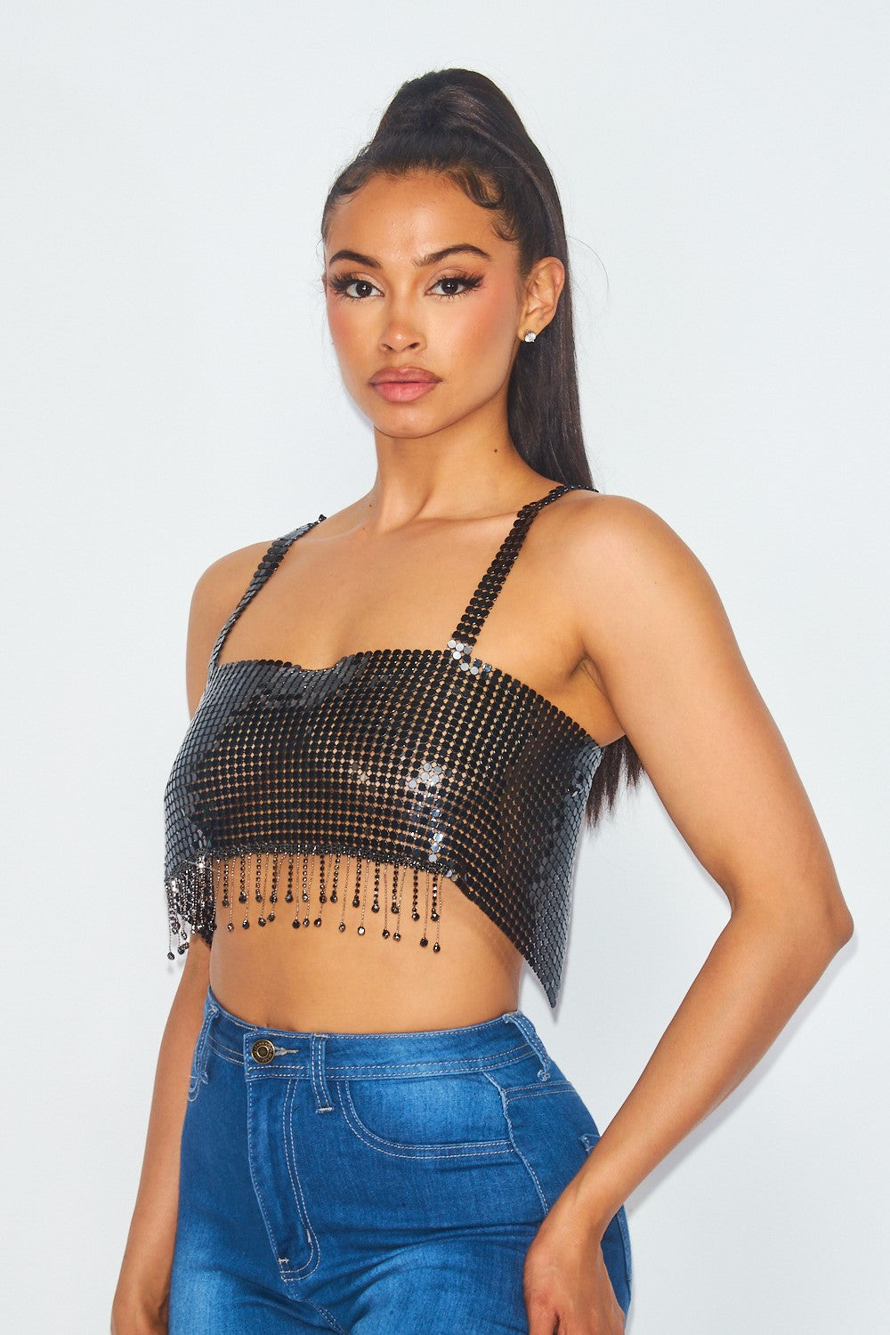 Snobby Rhinestone Fringe Chain Mail Crop Top