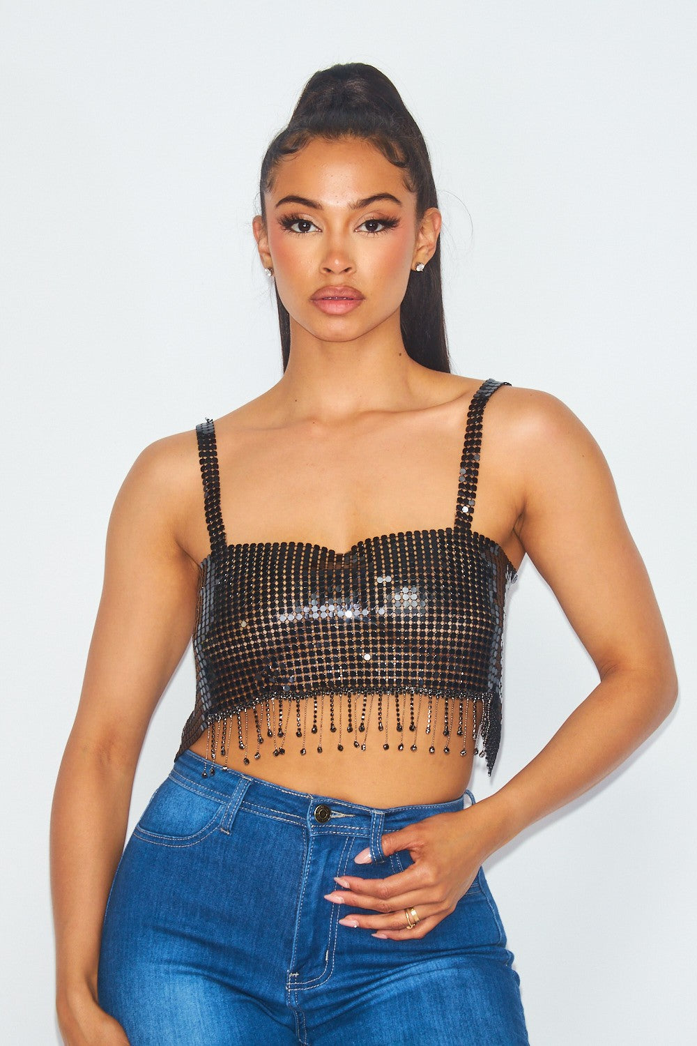 Snobby Rhinestone Fringe Chain Mail Crop Top