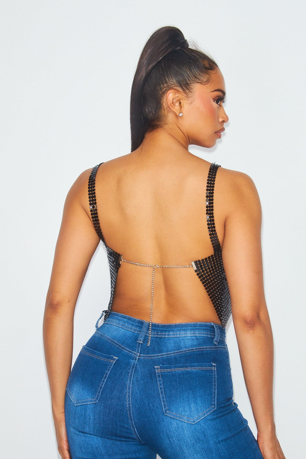 Snobby Rhinestone Fringe Chain Mail Crop Top