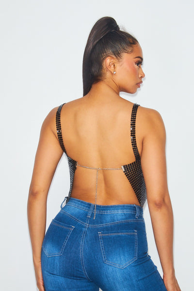 Snobby Rhinestone Fringe Chain Mail Crop Top