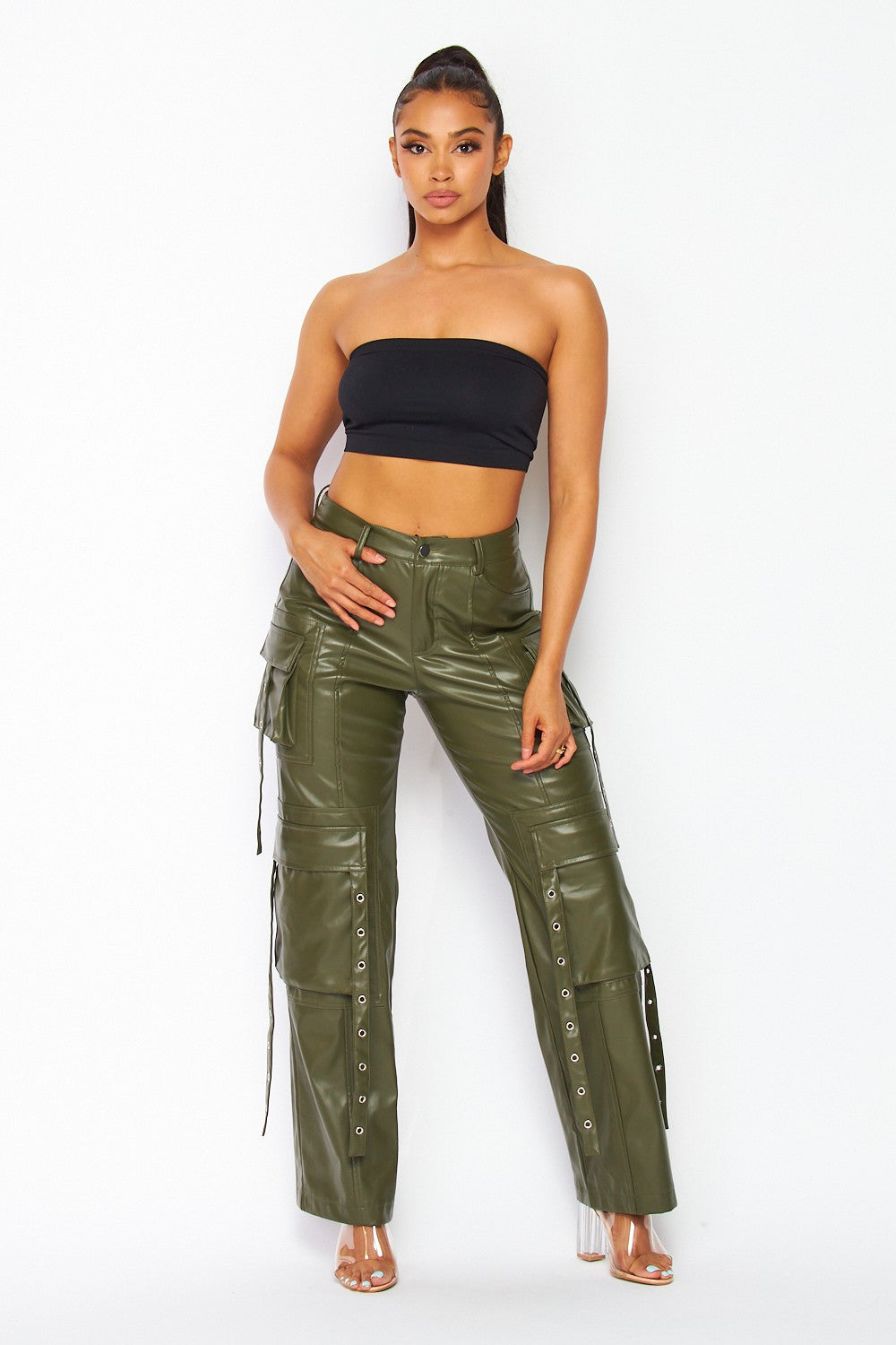 No Control Faux Leather Straight Leg Cargo Pants