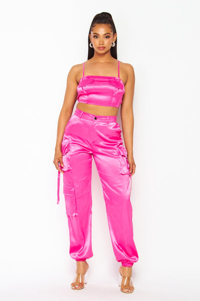 Tia Satin Two Piece Cami and Cargo Jogger Pant Set