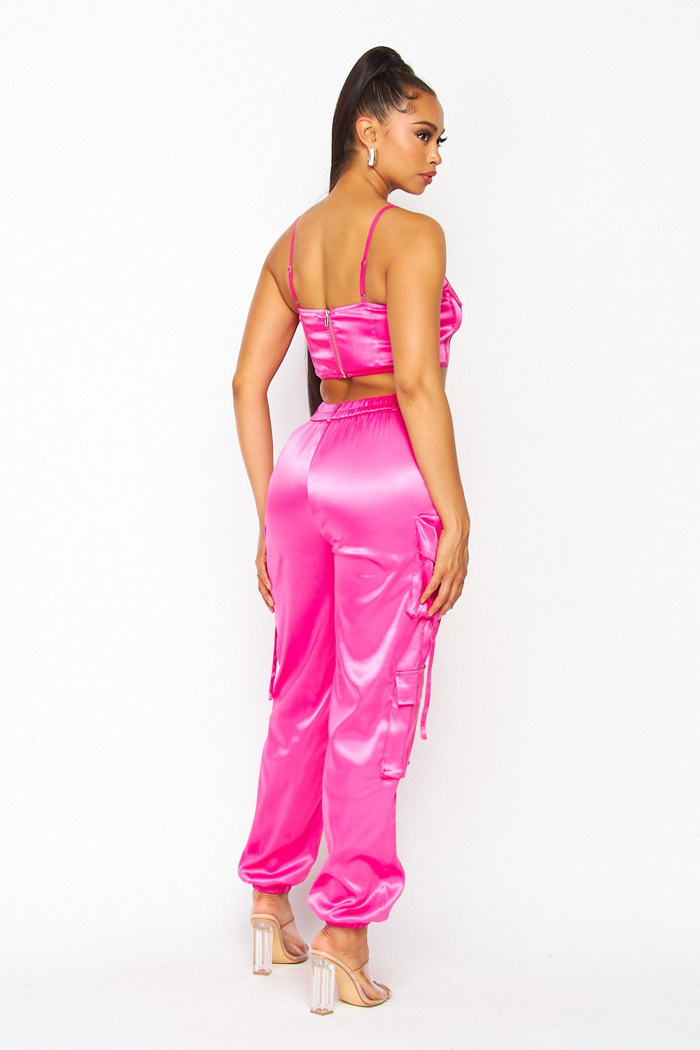 Tia Satin Two Piece Cami and Cargo Jogger Pant Set
