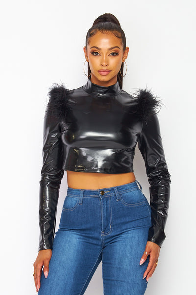 Vivacious Vegan Latex Leather and Feather Crop Top