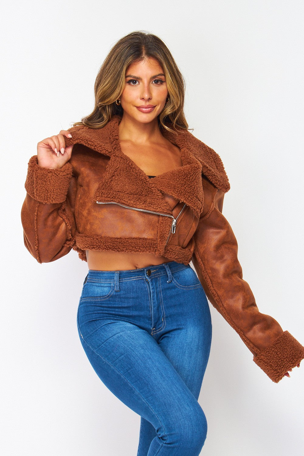 Day Off Faux Sherpa Shearling Cropped Moto Jacket