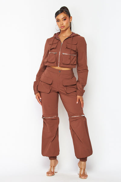 Lulu Nylon Zipper Cargo Jacket & Jogger Pants Set