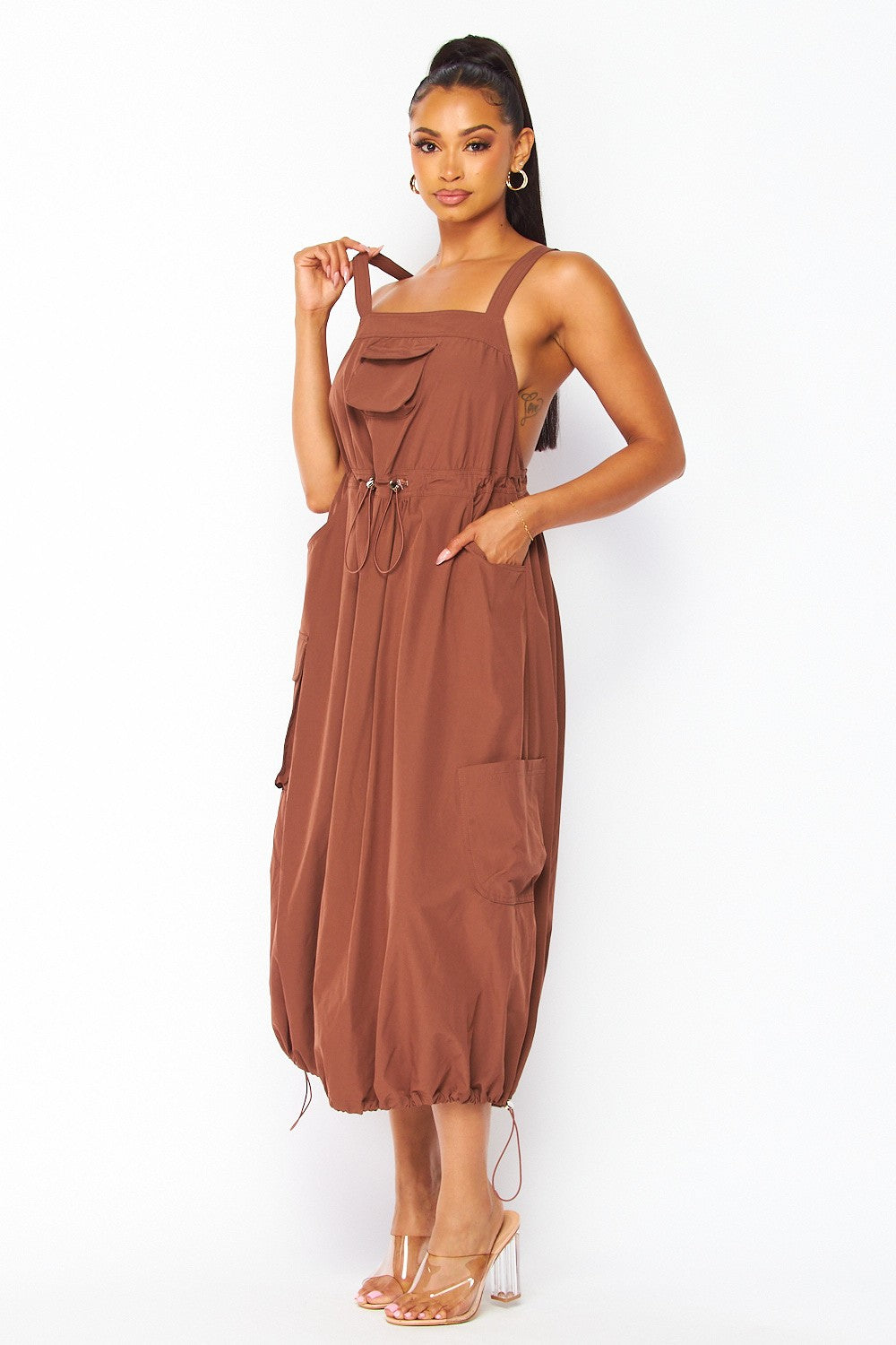 Jade Nylon Overall Cargo Pocket Drawstring Dress
