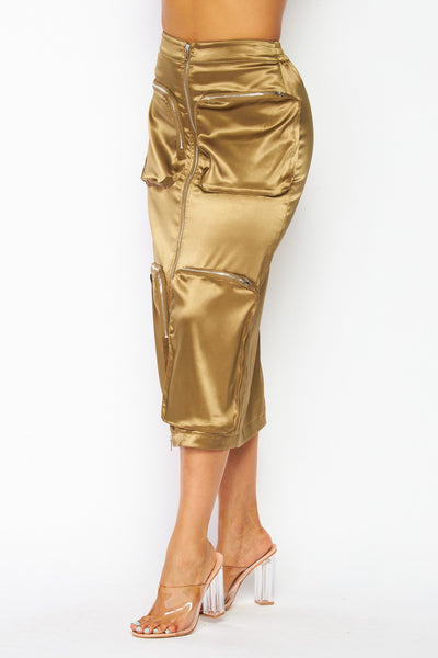 Cari Satin Cargo Pocket Zip Up Midi Skirt