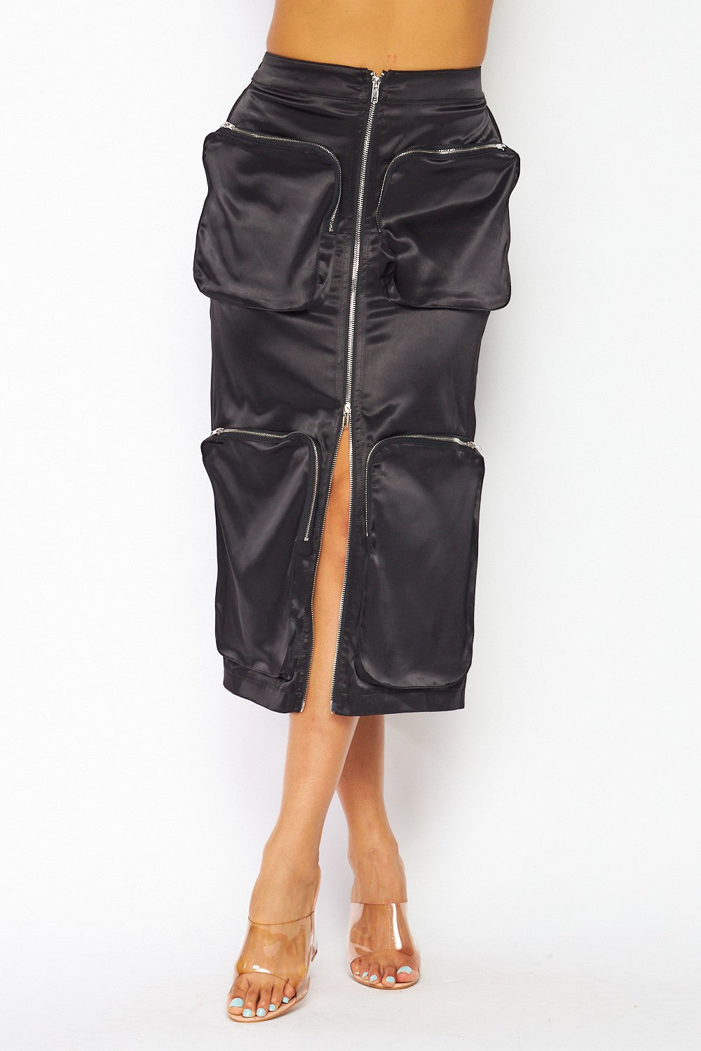 Cari Satin Cargo Pocket Zip Up Midi Skirt