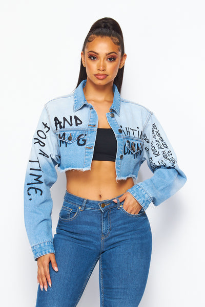 Walk That Talk Cropped Denim Jacket with Lettering