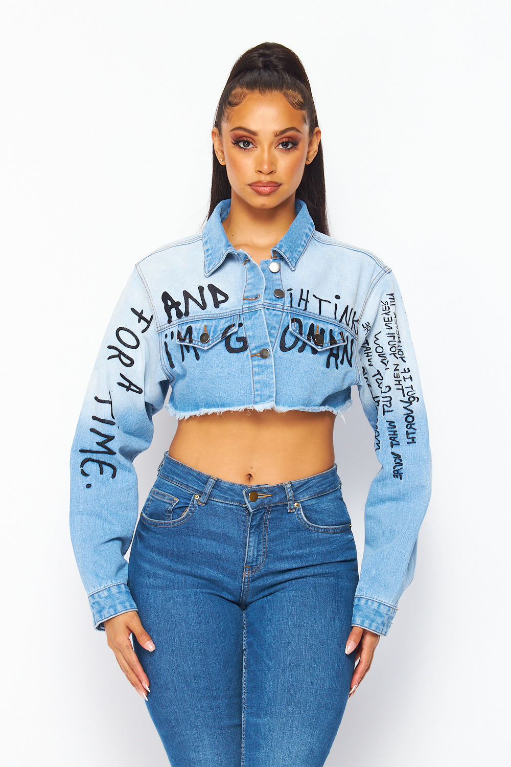 Walk That Talk Cropped Denim Jacket with Lettering