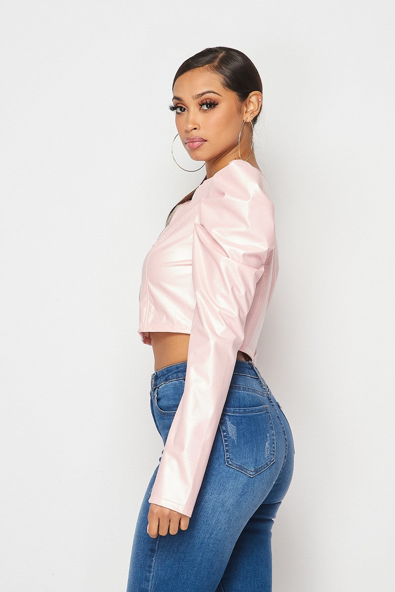 Gia Power Shoulder Faux Leather Cropped Jacket