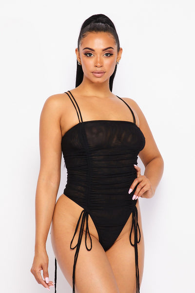 Hard To Leave Ruched Sheer Mesh Cami Bodysuit