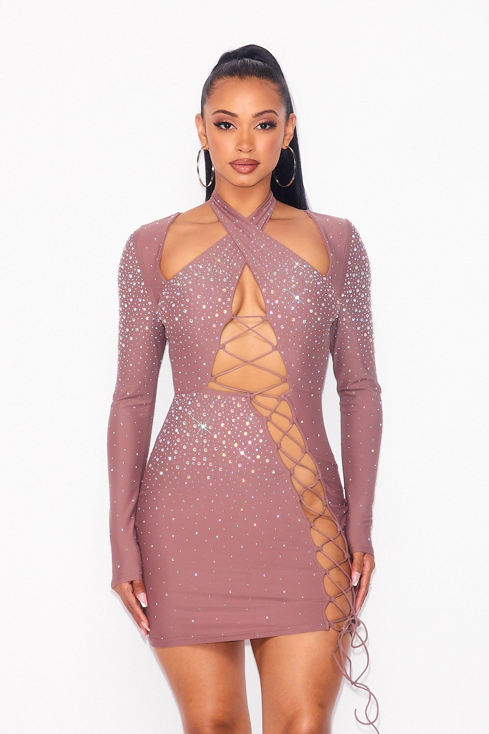 Tell Me About It Rhinestone Bodycon Lace Up Dress