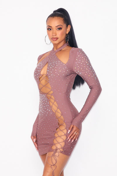 Tell Me About It Rhinestone Bodycon Lace Up Dress