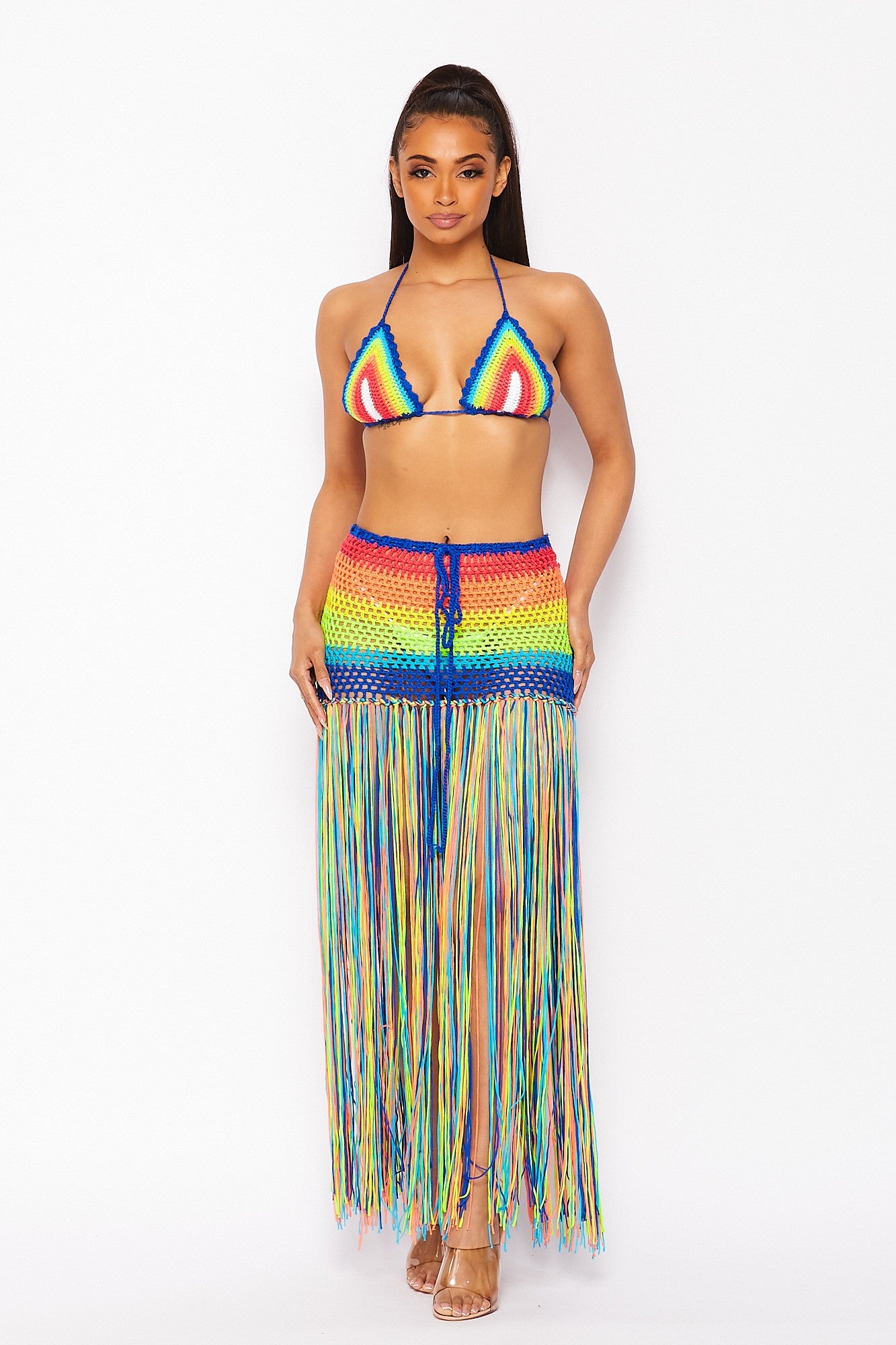 Seas the Day Rainbow Fringe Maxi Skirt Crochet Set