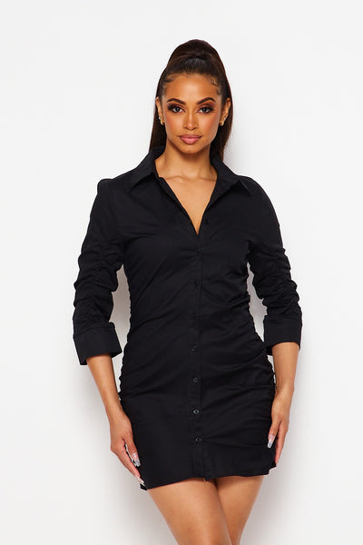 Good At Heart Ruched Button Down Mini Shirt Dress