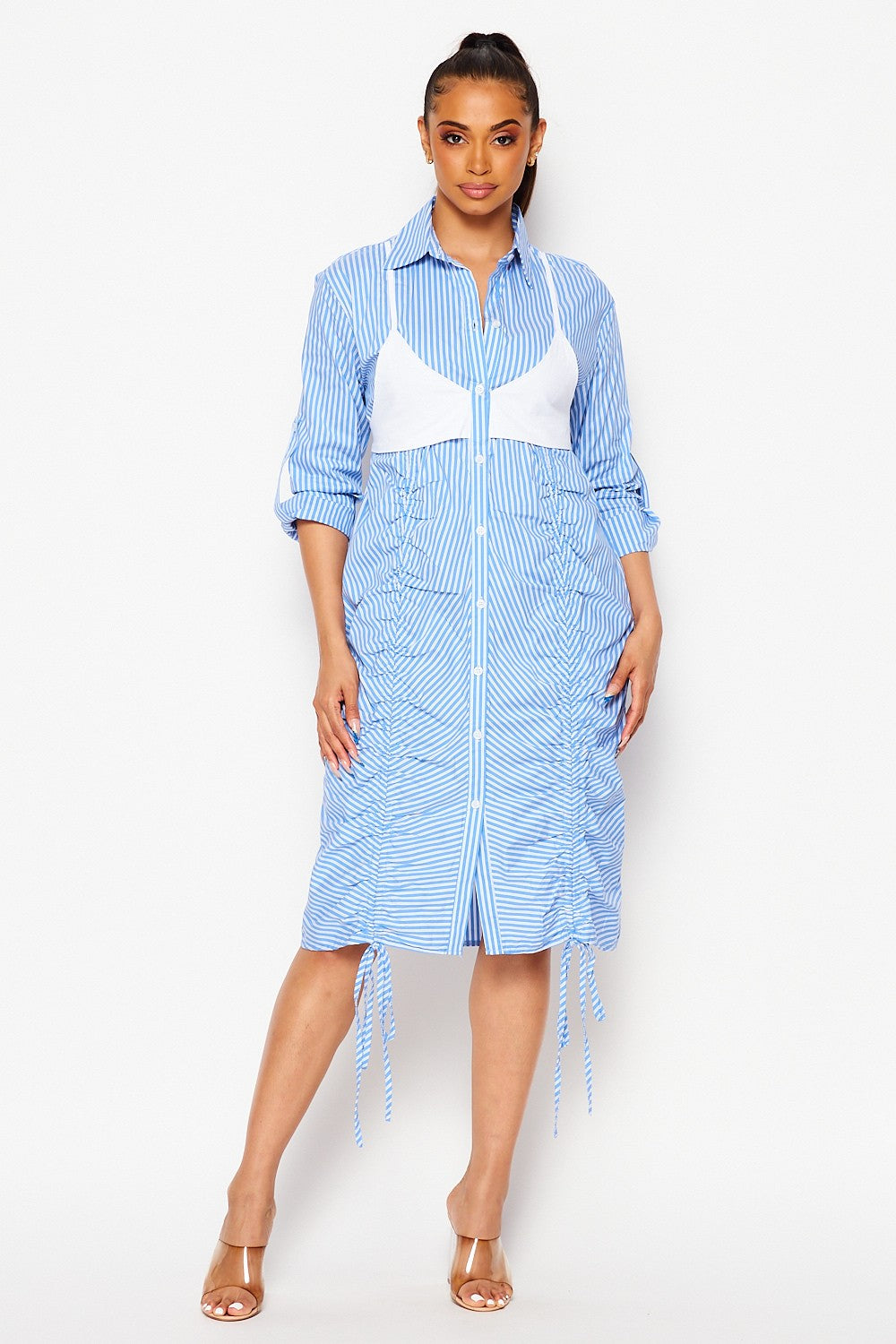 One and Only Ruched Striped Shirtdress