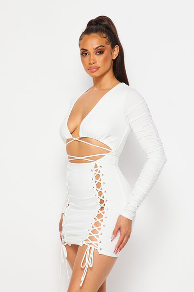 Tell Me More Lace Up Wrap Front Mini Bodycon Dress