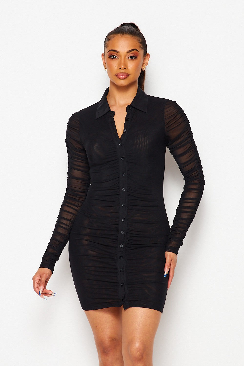 Deep In My Daydreams Collared Ruched Mesh Dress