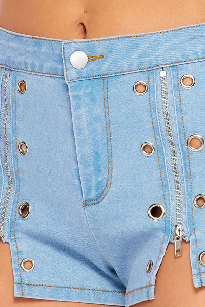 Mila Eyelet Detail Zipper Front Denim Shorts