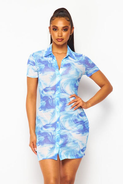 Open Air Printed Button Up Collared Dress
