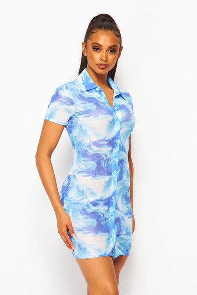 Open Air Printed Button Up Collared Dress