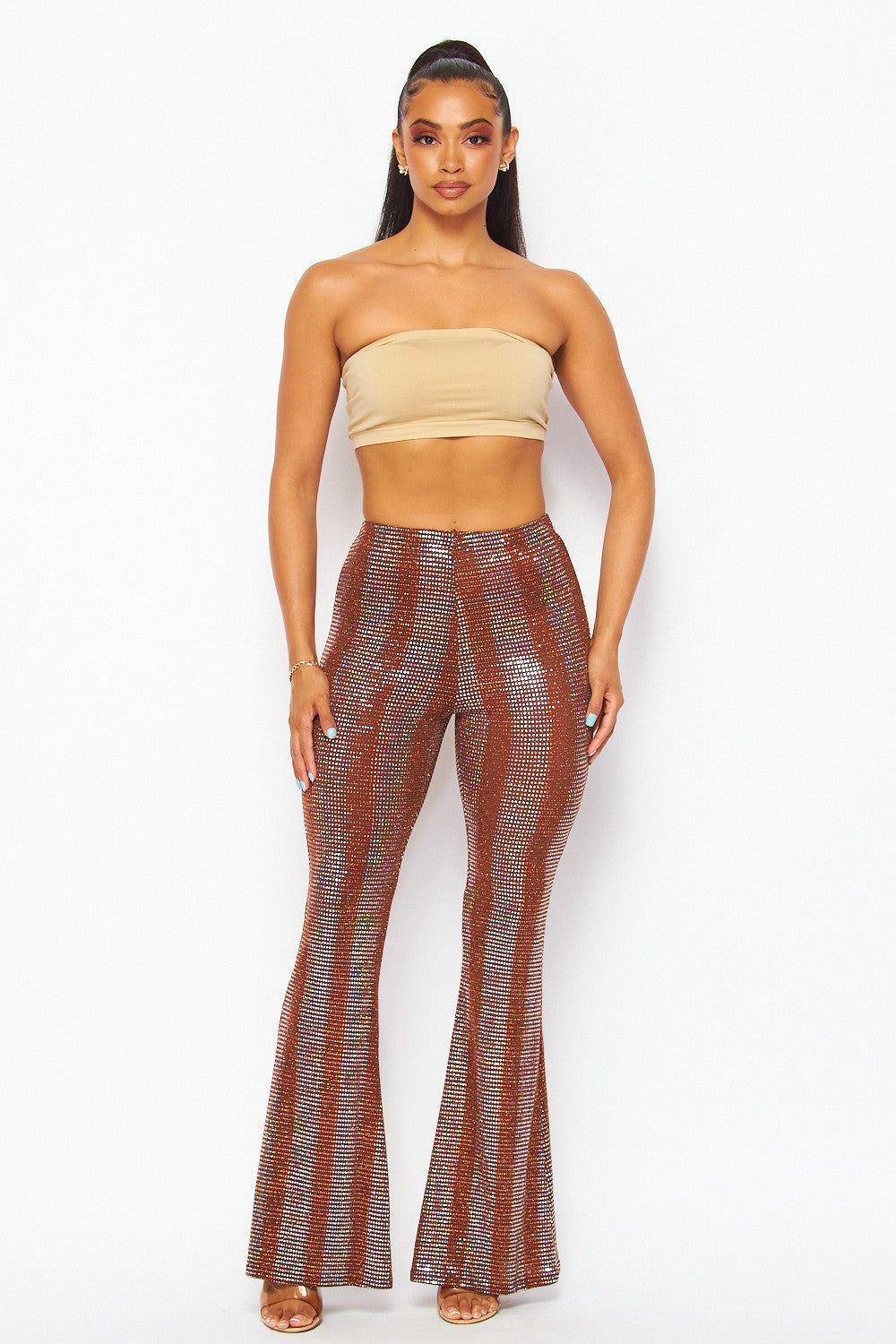 Disco Iridescent Foil Metallic Bell Bottom Pants