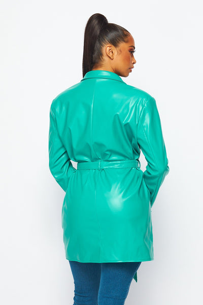 Sophie Vegan Leather Wrap Tie Long Blazer Coat