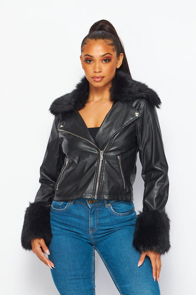 Carrie Vegan Leather Fur Trim Moto Jacket
