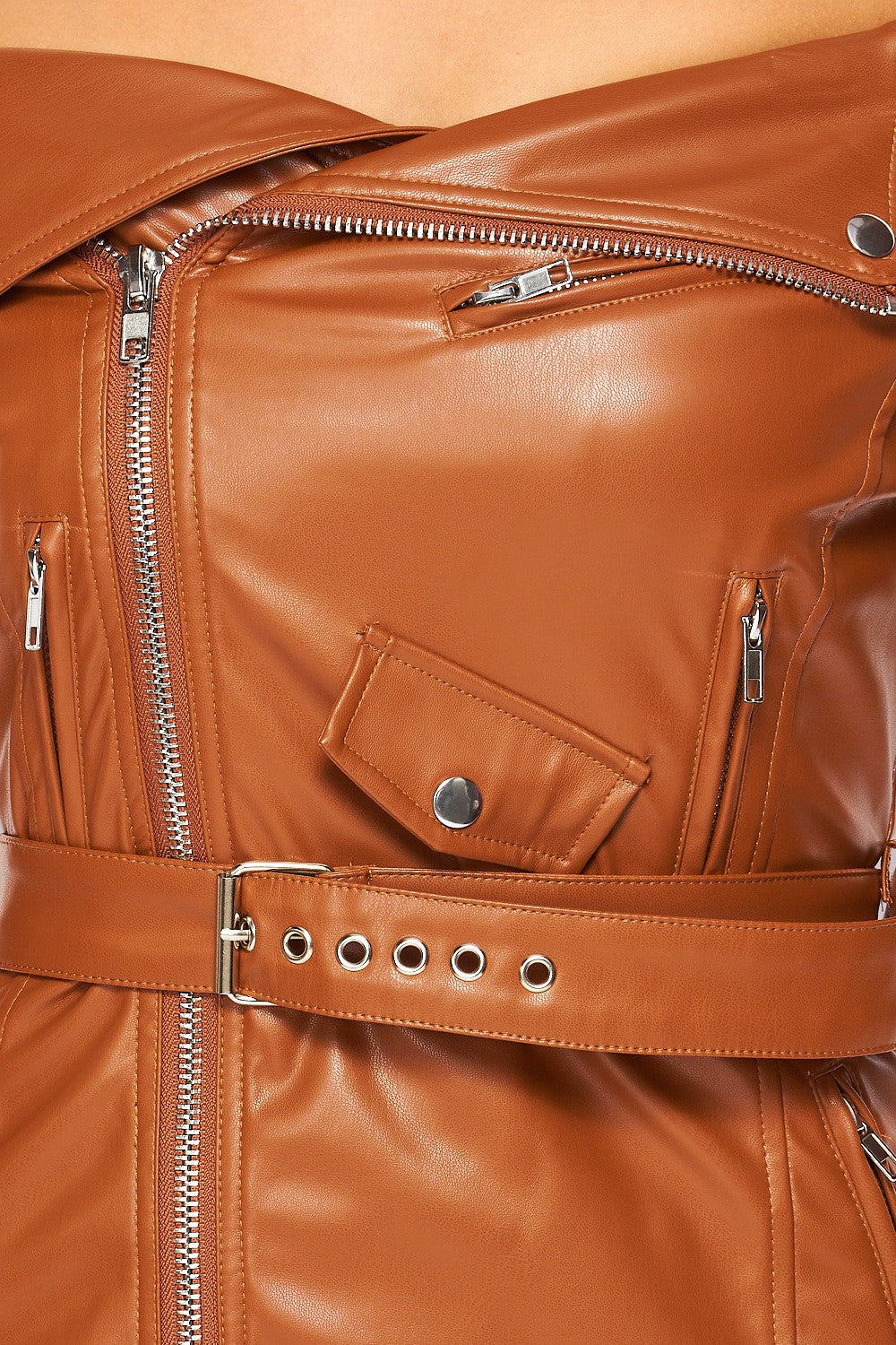 Judy Vegan Leather Off Shoulder Moto Dress