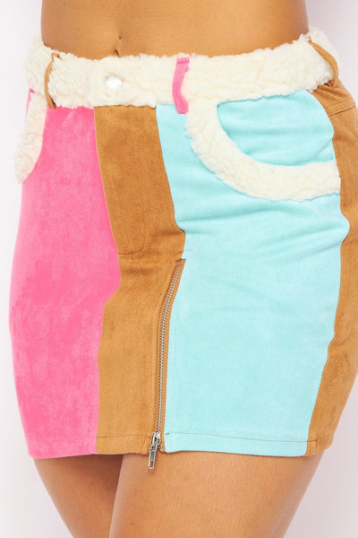 Melany Sherpa Lined Color Block Suede Skirt
