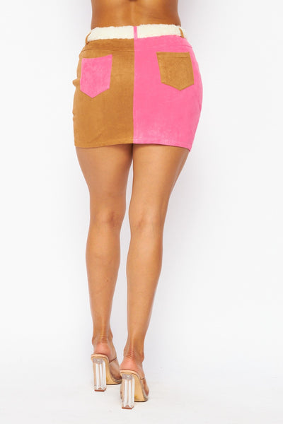 Melany Sherpa Lined Color Block Suede Skirt