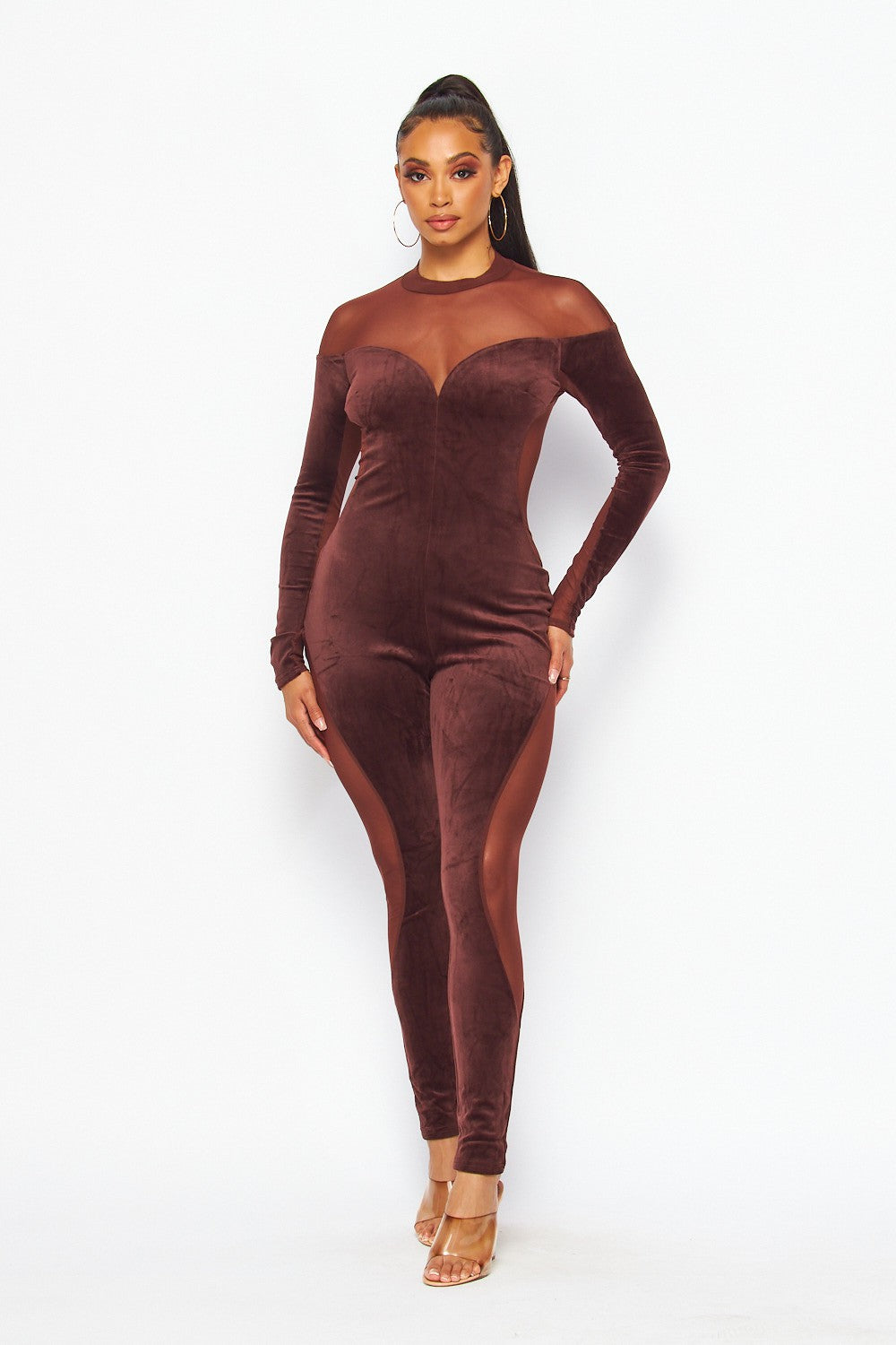 Yris Velvet and Mesh Contrast Jumpsuit