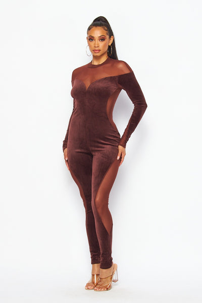 Yris Velvet and Mesh Contrast Jumpsuit