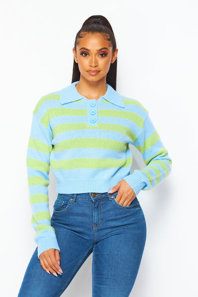 Odette Striped Long Sleeve Collared Sweater Top