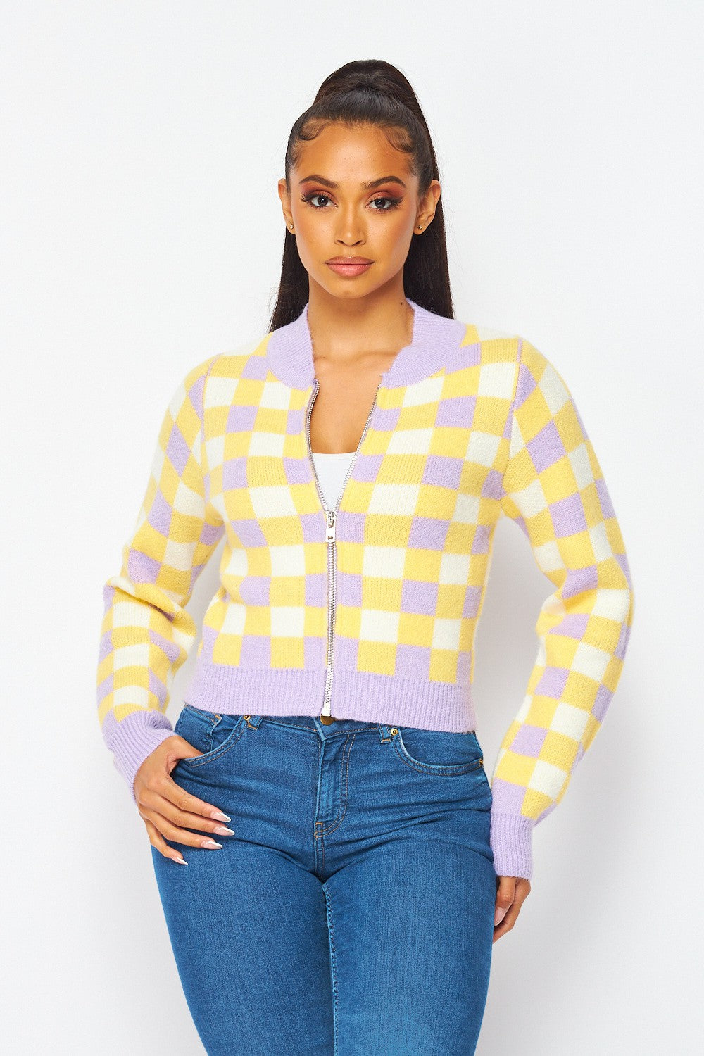 Amal Multi Color Checkered Zip Up Cardigan Sweater
