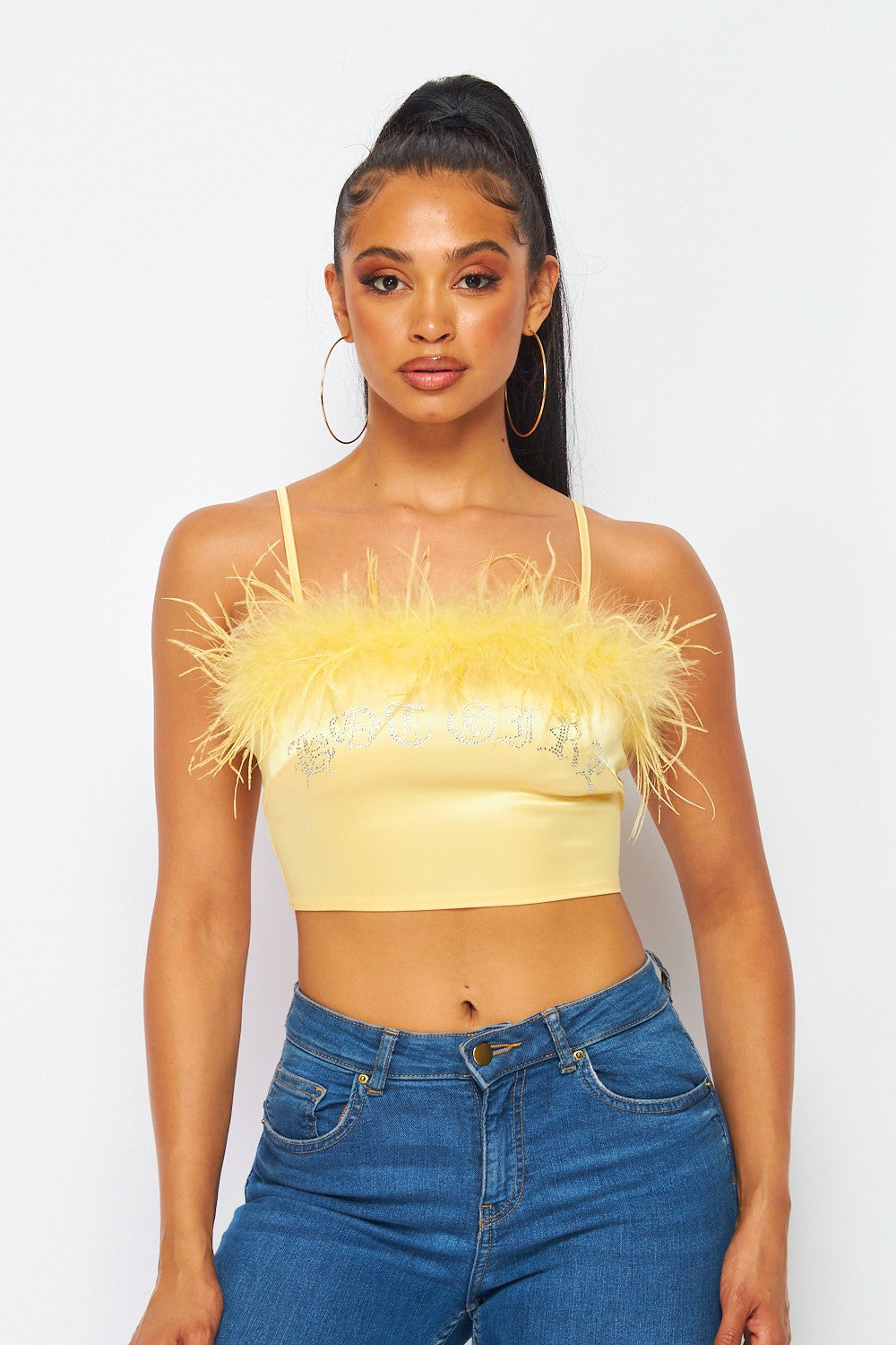 She's A Hot Girl Rhinestone and Feather Crop Top