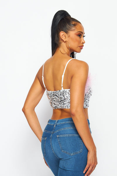 Bailey Sparkly Sequin and Feather Crop Cami Top