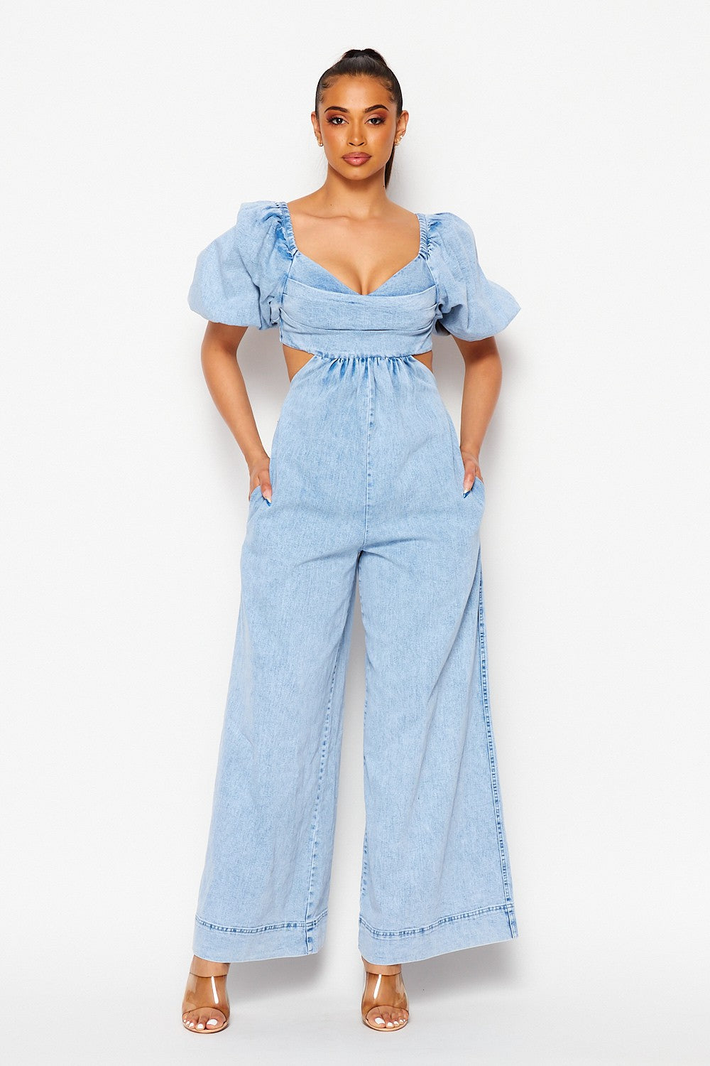 You and Me Exposed Back Denim Jumpsuit
